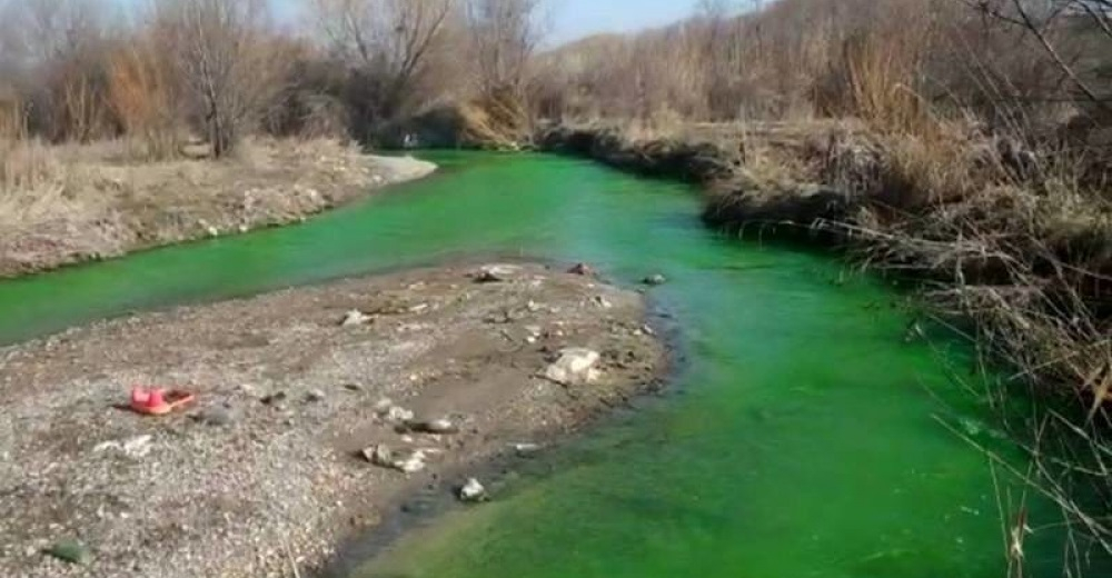 Зеленая река Аламедин. Предварительно, в воде был растворен антифриз
